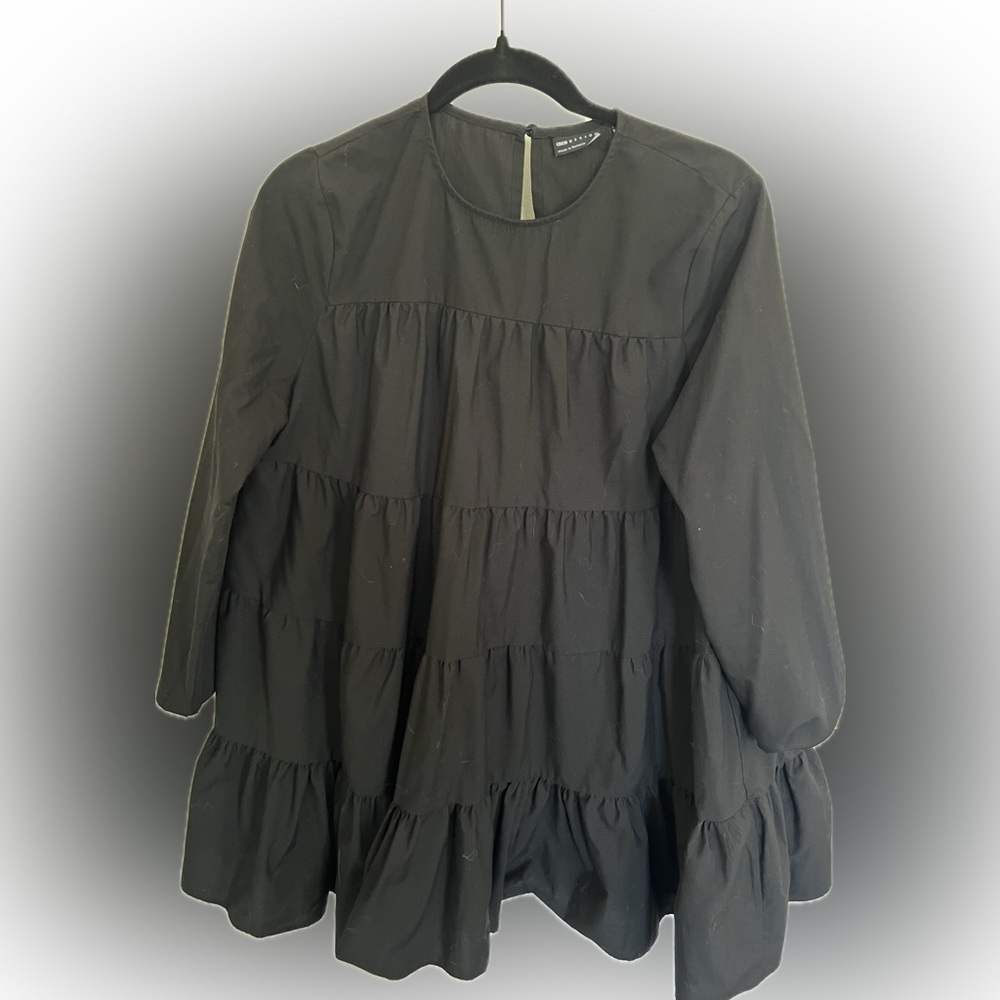 ASOS DESIGN Petite cotton poplin tiered long sleeve mini smock dress in black